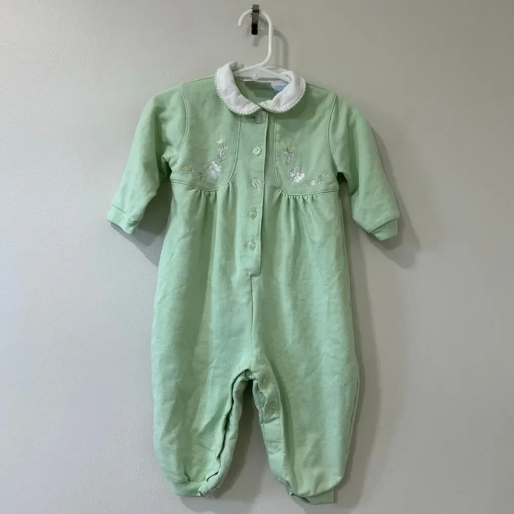 Lot of 2 Miniwear Vintage Baby Girls Sz 12 Months Long Sleeve Rompers Pink Green